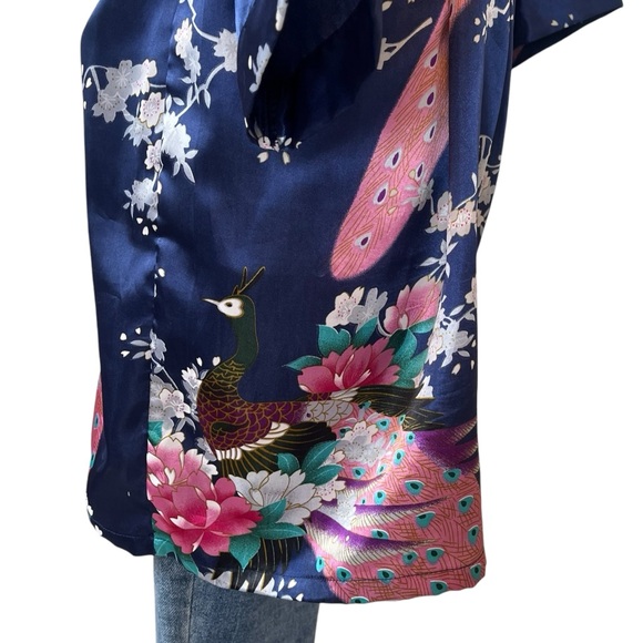 Vintage satin peacock kimono robe knee length blue pink OS - Picture 14 of 15